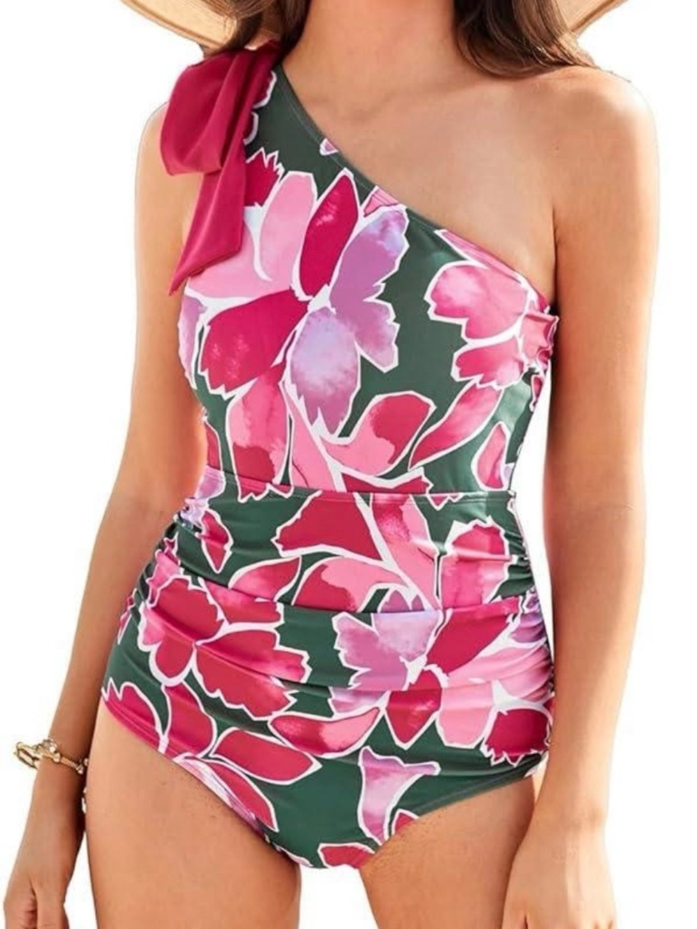 Grace Karin One-Shoulder Floral One-Piece Swimsuit in Pink and Green